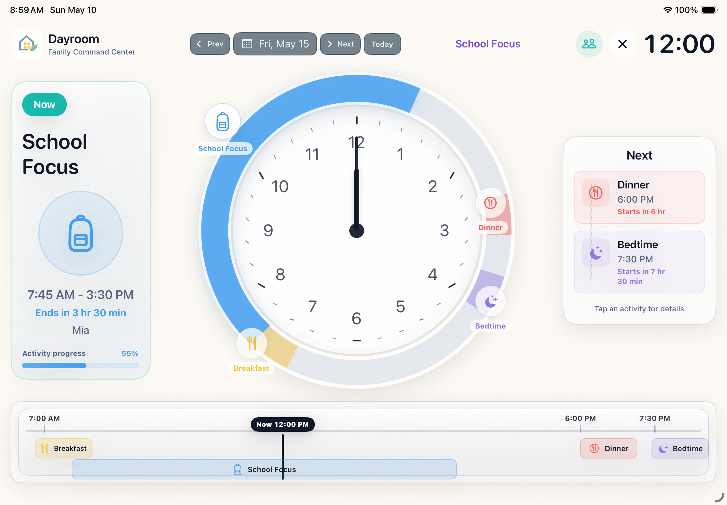 Dayroom full-screen activity clock showing a shaded schedule ring, current School Focus block, upcoming Dinner and Bedtime cards, and a bottom time bar.