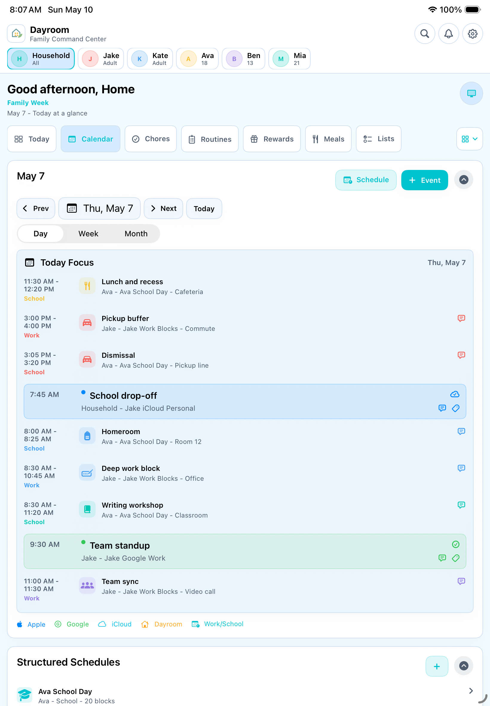 Dayroom calendar screen with day selection, Today Focus, work and school blocks, and structured schedules.