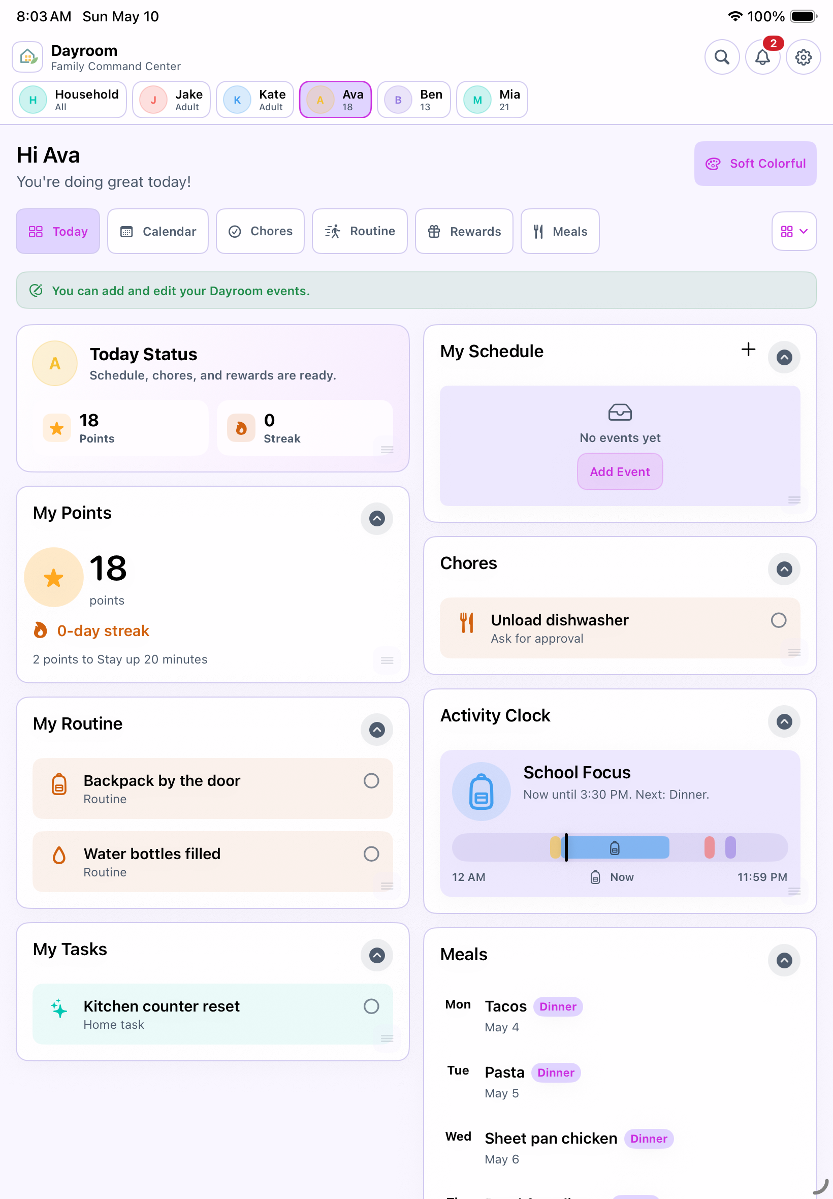 Dayroom Kid mode showing Ava's schedule, chores, routine, points, streaks, meals, and activity clock.