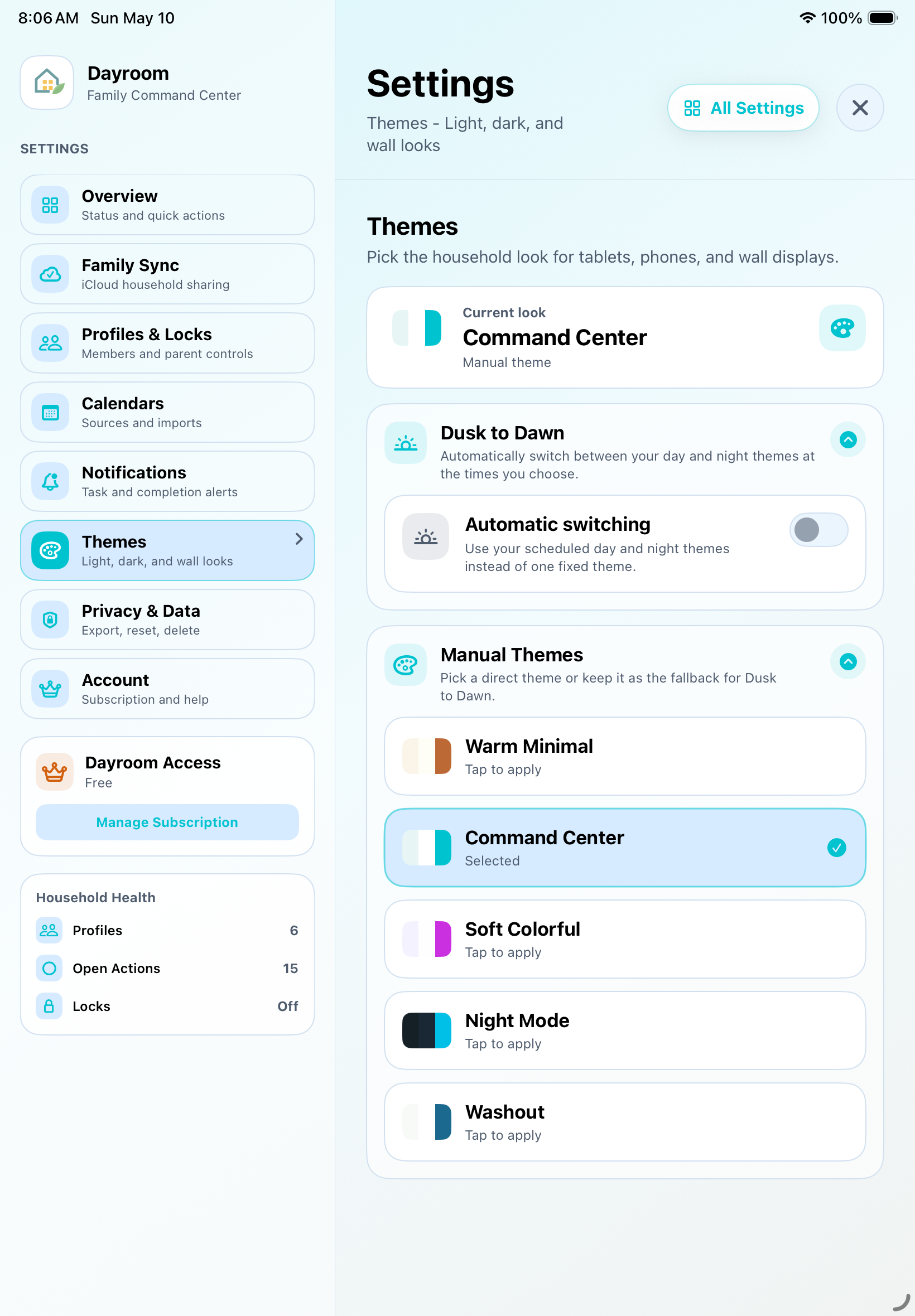 Dayroom settings screen showing theme choices, Dusk to Dawn scheduling, and appearance controls.