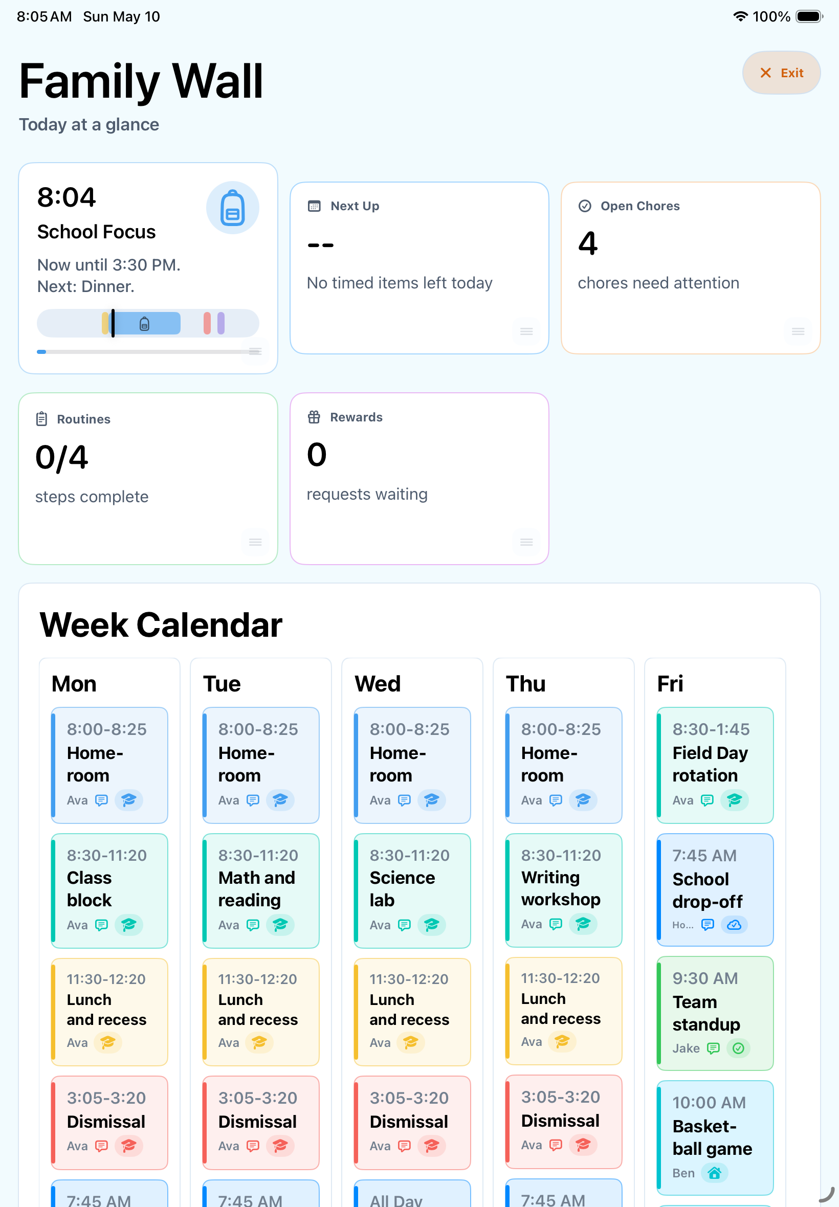 Dayroom Wall mode showing the current activity, upcoming events, family wall calendar, and shared household status.